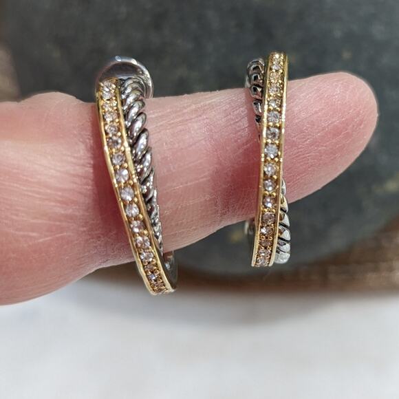 GOLD SILVER Two Tone Sparkle Twisted Rope Hoop Earrings - Picture 5 of 16